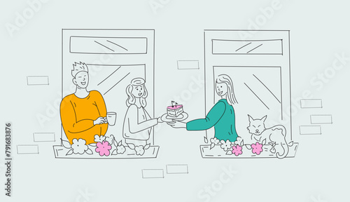 Neighbor meeting neighbors passing cake outline illustration vector