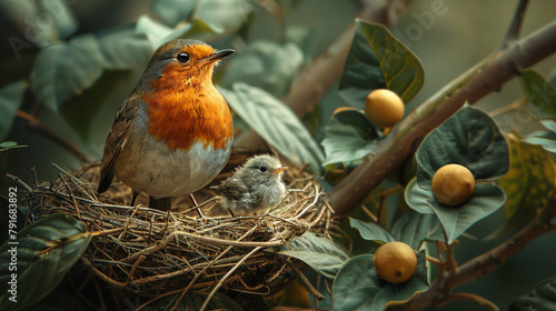 A robin's nest nestled among the branches of a tree, the mother bird feeding her chicks in this heartwarming summer scene
