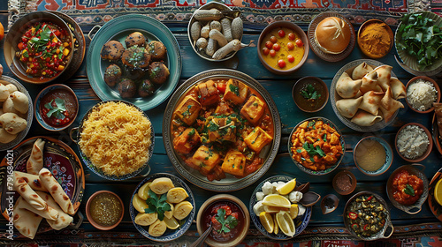 Traditional Uzbek oriental cuisine, Uzbek family table from different dishes for the New Year holiday, The background image is a top view, hyperrealistic food photography