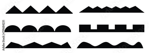 Triangle, Scalloped, Rectangle, Curved Shaped Border, Silhouette decoration Border, Simple Geometric Shape Dividers isolated on white background.