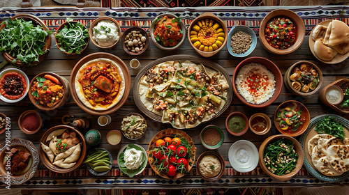 Traditional Uzbek oriental cuisine  Uzbek family table from different dishes for the New Year holiday  The background image is a top view  hyperrealistic food photography