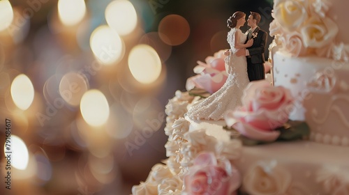 ウエディングケーキに飾られたカップルの置物のクローズ アップ