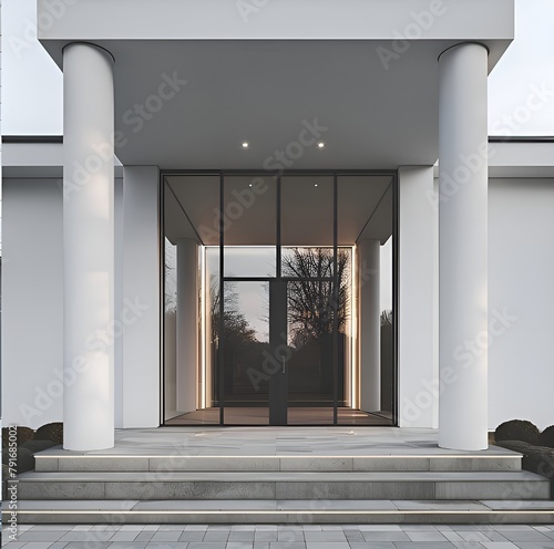 Detached house entrance windshield, white woodencolumned, 250 cm wide, 3 meters entrance, modern country roof, minimalistic, ultra detalied, insane details, soft light, full HD, real photograhy photo