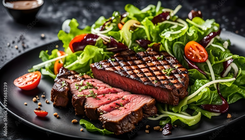 Sliced grilled beef steak and green salad leaves on black plate. 
