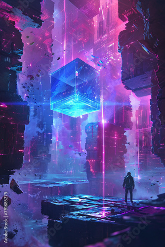 a large, blue crystal cube mysteriously suspended in mid-air within an otherworldly pink-hued landscape photo