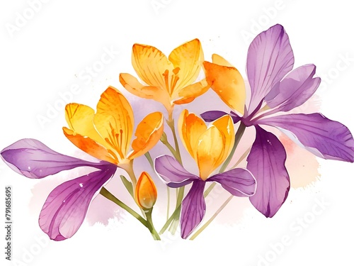Watercolor painting.Yellow and purple saffron flowers at various stages The bloom has green leaves and stems. on a white background