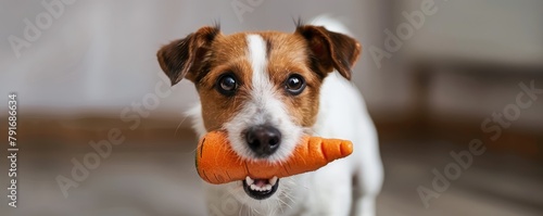 A front view of the cutie dog holding carrot in his mouth. © *Lara*