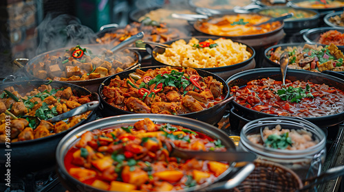 Variety of cooked curries on display at Camden Market in London, hyperrealistic food photography