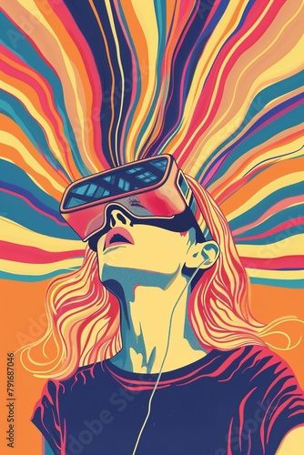 Illustration einer Frau die eine VR Brille trägt, bunte Farbwellen strömen aus ihrem Kopf / der Brille symbolisch für das Erlebnis und die Phantasievolle Erfahrung 