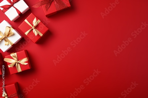 Gift boxes with ribbon on red background, flat lay, banner with copy space for photo text or product, blank empty copyspace