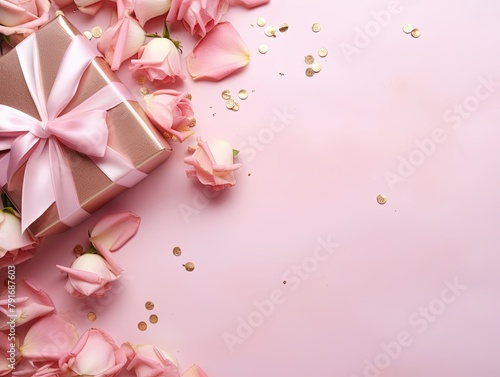 Gift boxes with ribbon on rose background, flat lay, banner with copy space for photo text or product, blank empty copyspace © Lenhard