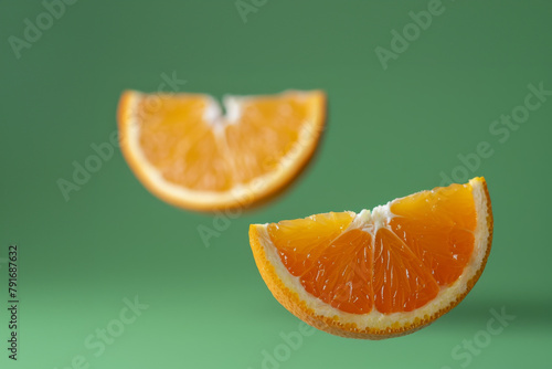 Sliced Orange Pieces on Green Background