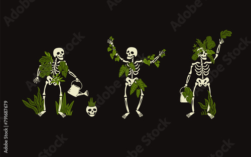 Presenting a world of skeletal trio as they conjure botanical wonders. This hauntingly delightful vector poster blends humor with the macabre. Perfect for Halloween themed designs and spooky decor.