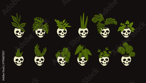 The world of skull inspired botanicals. This eerie yet intriguing vector showcases a blend of macabre elements and natural foliage. Offering visual for Halloween themed designs and mysterious decor.