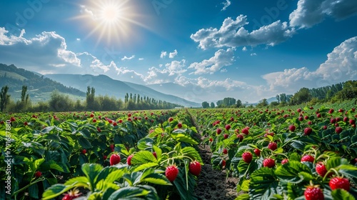 Close-up of strawberries growing in an  strawberries grove under bright sun and blue sky