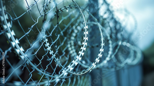 Detailed barbed wire curls against cool blur photo