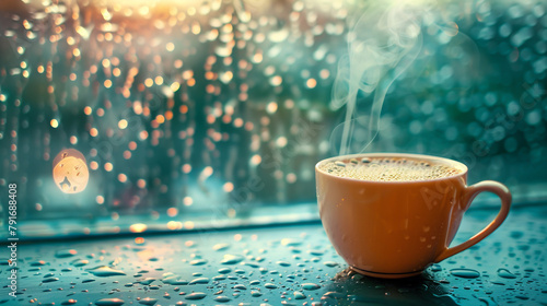 A steaming cup of chai tea on a rainy window sill. photo