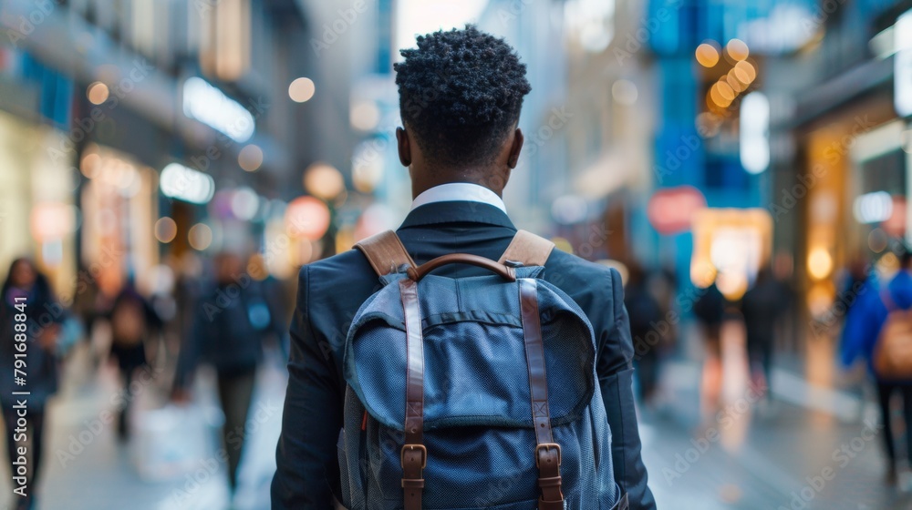 A man with a backpack walking down the street in front of people, AI A man with a backpack walking down the street in front of people, AI