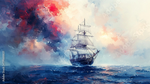 watercolor painted illustration of a ship
