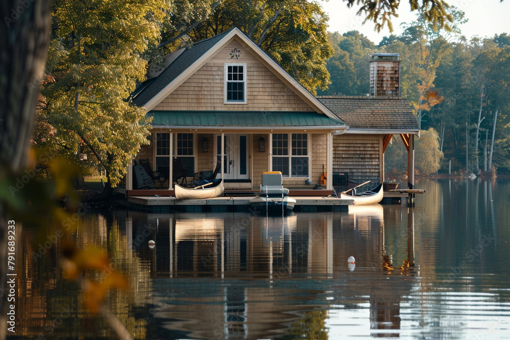 Obraz premium A Cape Cod style vacation home in warm tan, with a covered boat dock and a canoe ready on a calm lake.