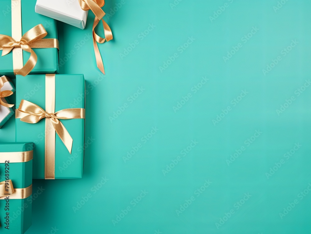 Gift boxes with ribbon on turquoise background, flat lay, banner with copy space for photo text or product, blank empty copyspace - obrazy, fototapety, plakaty 