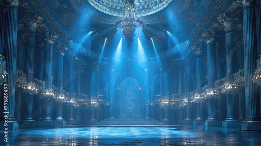 Empty scene, performing stage, hall of renaissance period style, blue background, spotlights shines from ceiling, smoke.
