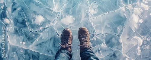 A top view of the legs in shoes on the iced lake #791689403
