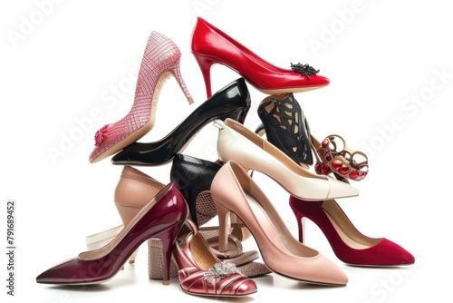 A pile of women's shoes on a white surface. Suitable for fashion or retail concepts © Ева Поликарпова