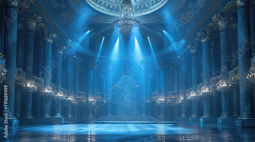 Empty scene, performing stage, hall of renaissance period style, blue background, spotlights shines from ceiling, smoke.