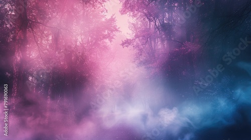 A mystical forest shrouded in purple and blue fog