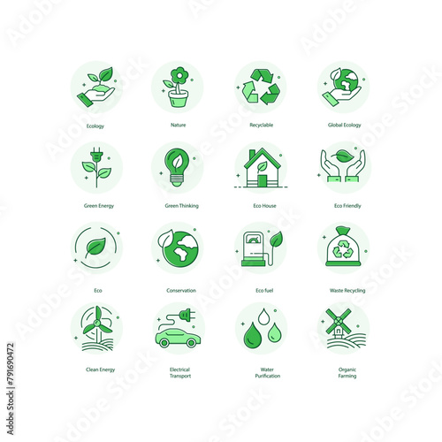 Ecology Icons Exploring the interconnected relationships between organisms and their environments, emphasizing the importance of biodiversity and environmental sustainability.