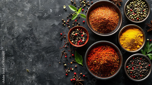 Various spices in a bowls on black concrete background, Top view copy space, hyperrealistic food photography