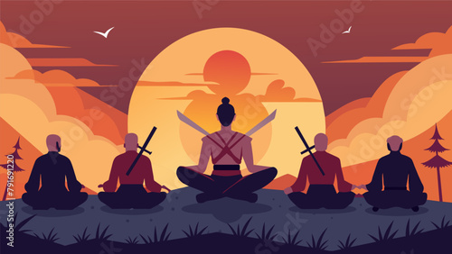 As the sun sets over the horizon a group of practitioners meditates in the open air surrounded by swords and other martial arts equipment © Justlight