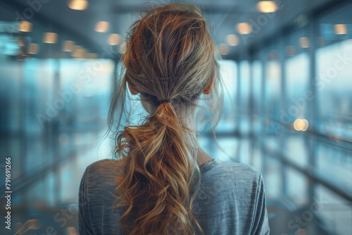 Serene image of a woman with a braided hairstyle gazing through a modern glass corridor, evoking a sense of contemplation