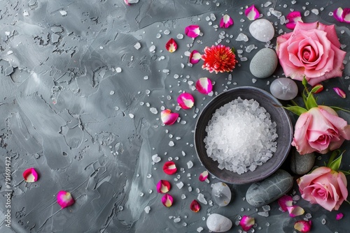 A bowl of sea salt next to pink roses and stones. Perfect for spa and wellness concepts