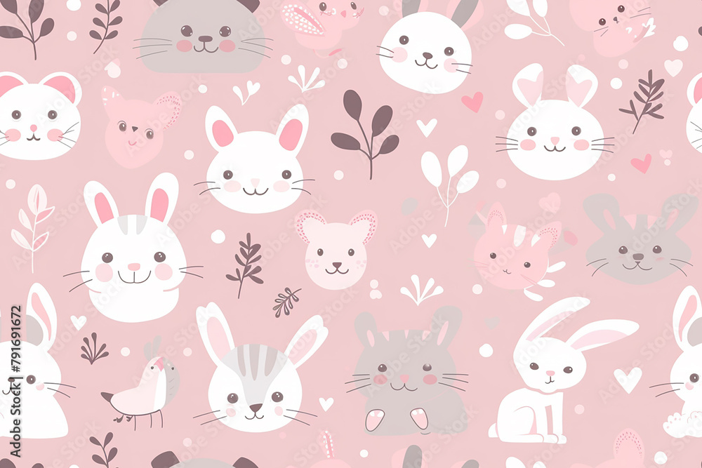 Cute animals and hearts on a pink background