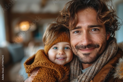 Cozy portrait of a father holding his toddler, both wearing warm autumnal clothing