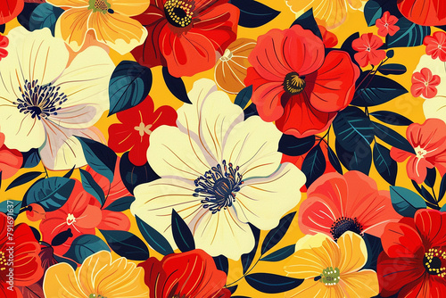 Bright and bold floral seamless pattern with a yellow and red palette