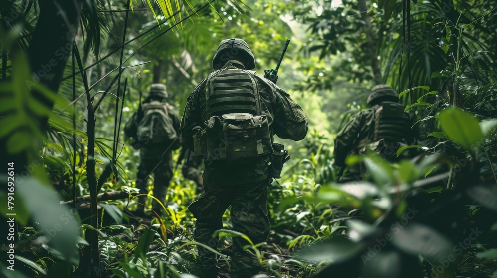 Camouflaged soldiers advancing through dense jungle foliage