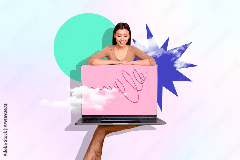 Composite photo collage of happy girl look new macbook premiere keyboard technology device online network isolated on painted background Composite photo collage of happy girl look new macbook premiere keyboard technology device online network isolated on painted background