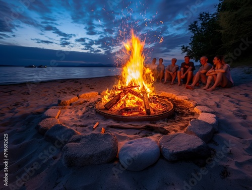 A group of people are sitting around a fire on a beach at night. The fire is large and bright, and the people are enjoying the warmth and light it provides. The scene is peaceful and relaxing photo