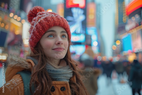 Woman in Red Hat and Coat Looking Up at Sky