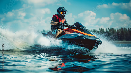 A man daring jet ski leaps off a wave in a thrilling jump photo