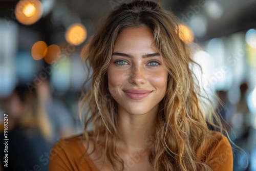A striking portrait of a woman in an orange top  with captivating eyes and a pleasant smile at a caf  