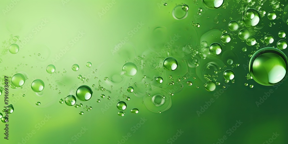Green bubble with water droplets on it, representing air and fluidity. Web banner with copy space for photo text or product, blank empty copyspace