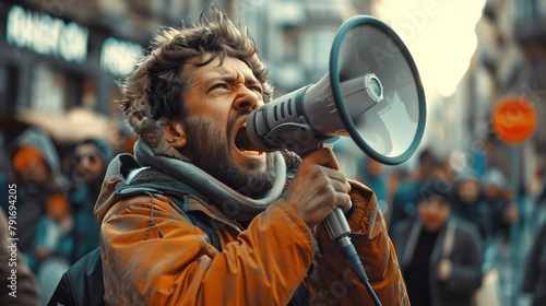 Man Holding Megaphone in the Street photo