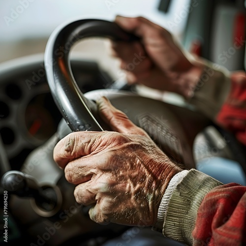 Weathered Hands Gripping the Wheel The Unsung Dedication of a Truck Driver s Life on the Road photo