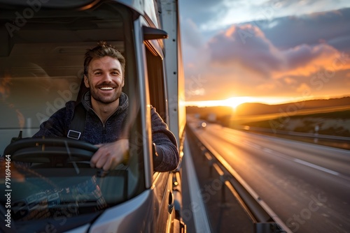 Confident Truck Driver Navigates Scenic Highway at Sunset Showcasing Essential Transportation Role photo