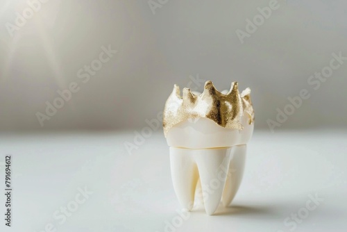 Dental crown on white surface with bright light in background, close up of tooth with gold cap © VICHIZH