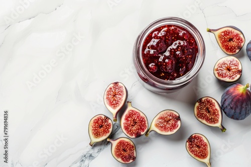 A jar of fig jam on a wooden table. Suitable for food blogs or recipe websites